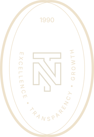 Beige oval logo for TN Capital Investments in Naples, FL, with "NT" centered, "1990" above, and values around the edge.