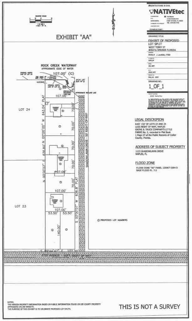 Site plan for TN Capital Investments in Naples, FL with property details on Shadowlawn Drive, marked "EXHIBIT 'AA'.