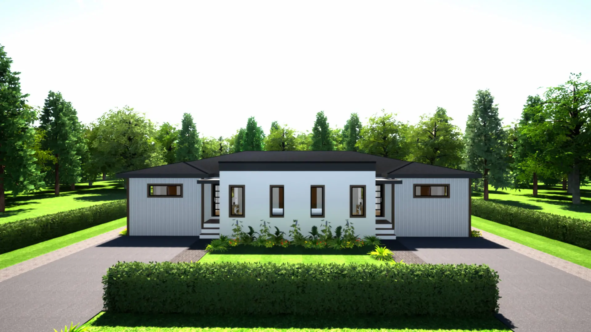 A stylish duplex by TN Capital Investments in Naples, FL, features a white center, gray wings, three doors, and lush landscaping.