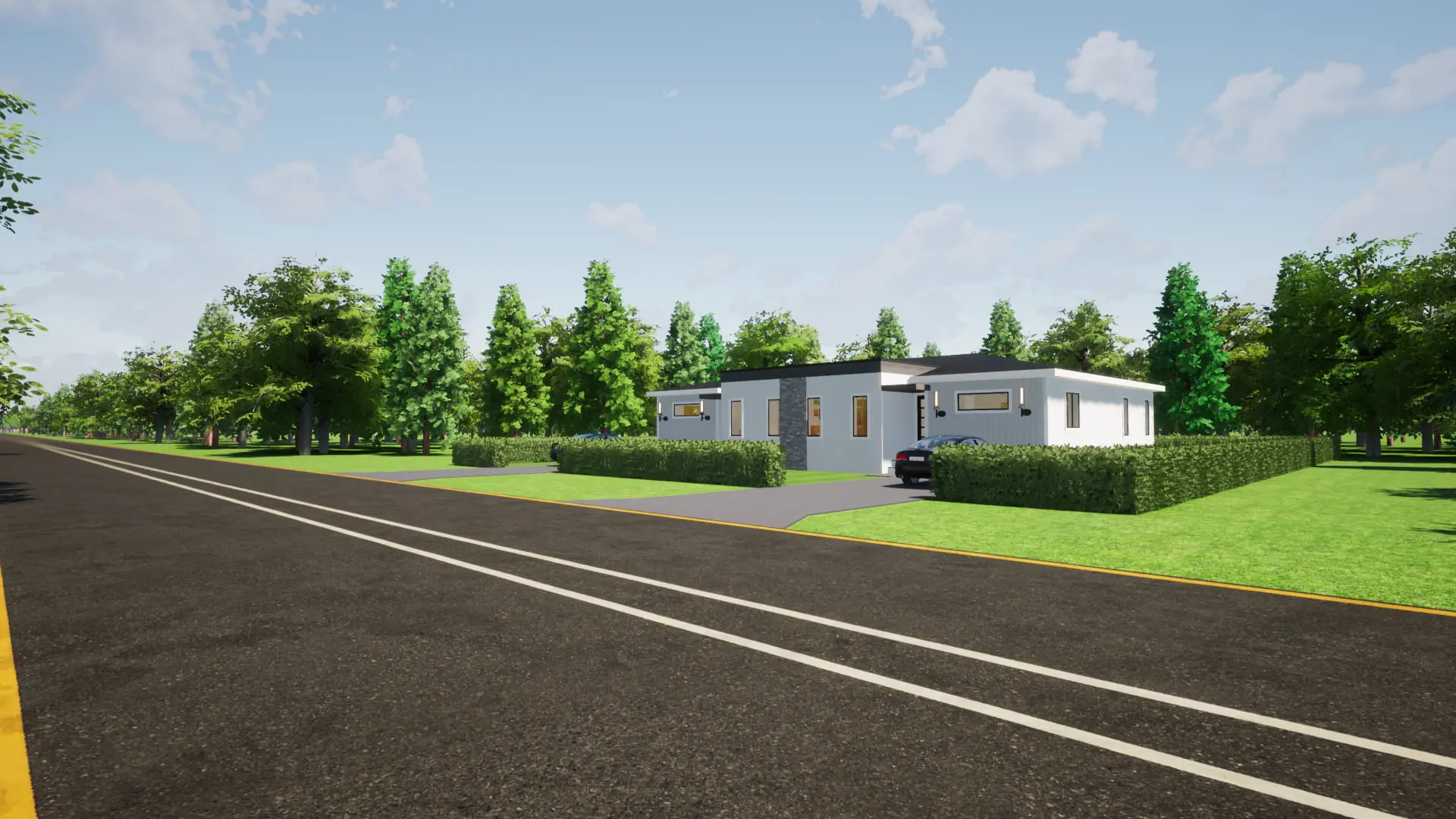 A modern single-story house in Naples, FL by TN Capital Investments, with driveway, car, lawn, trees, hedges, and a partly cloudy sky.