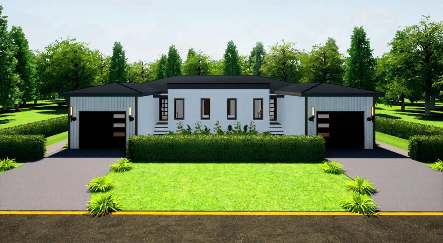 A modern duplex by TN Capital Investments in Naples, FL, featuring white exterior, black roof, two garages, hedges, and green lawns.