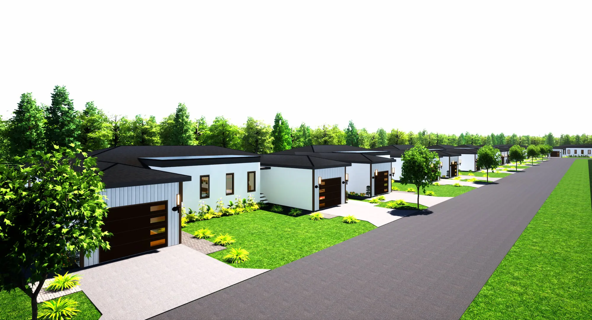 Modern single-story houses with dark roofs line a tree-lined street under a bright sky, showcased by TN Capital Investments in Naples, FL.