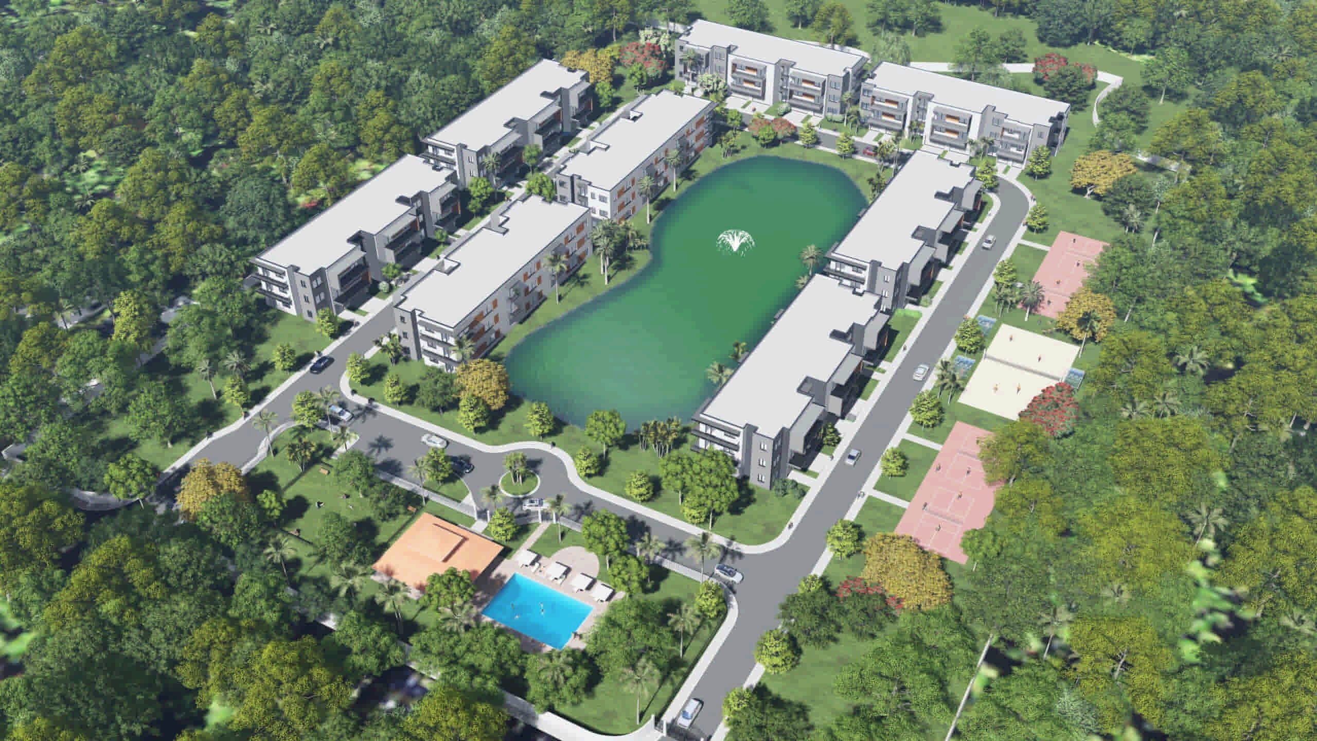 Modern residential complex by Gail Boulevard in Naples, FL, with TN Capital Investments, central pond, fountain, pool, and trees.